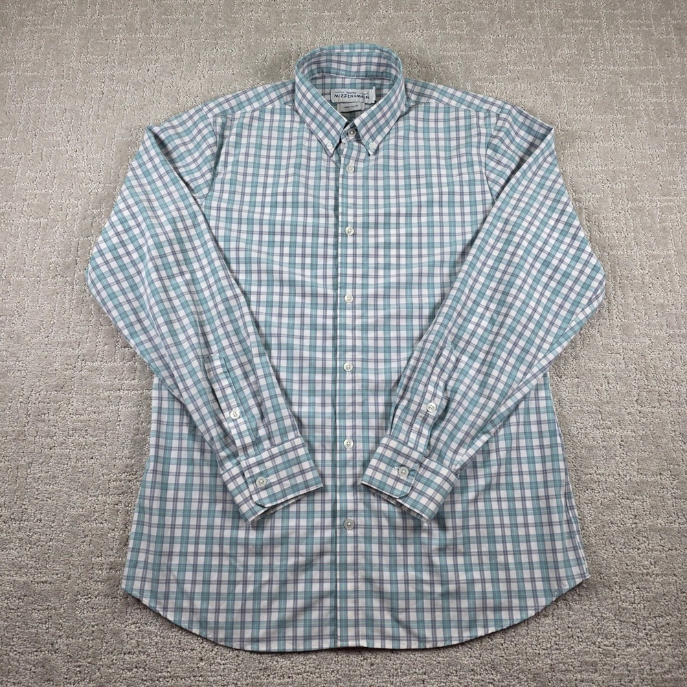 Mizzen+Main Leeward Dress Shirt Mens Large Trim Fit Plaid Blue Teal Performance